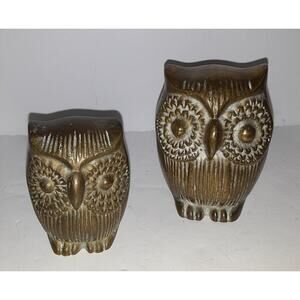 2‎ Vintage Brass Owl Figurines, Paperweights Sculptures (3 tall and 2 1/4 tall)